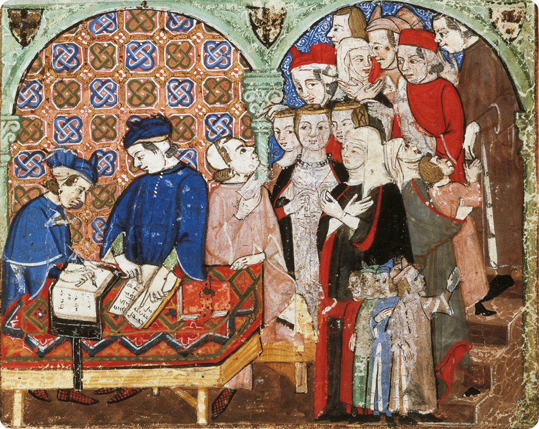 Pintura. À esquerda, homens, usando chapéus e roupas azuis, segurando livros sobre a mesa. Ao lado, uma fila de pessoas.
