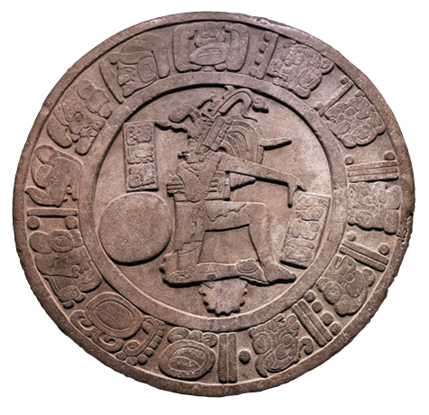 Relevo. Forma circular, com silhueta de uma pessoa ao lado de uma bola. Ao redor, símbolos do calendário maia que representam os dias.