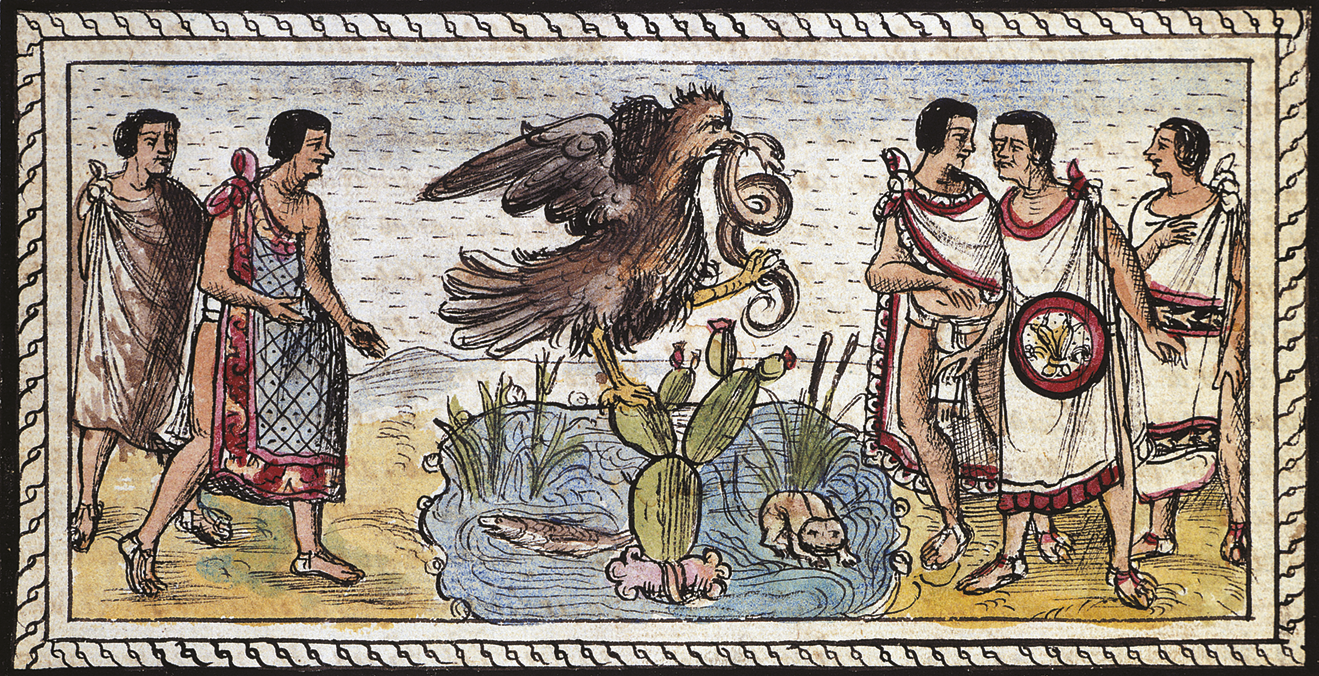 Ilustração. Ao centro, águia com serpente no bico pousada em um cacto que está em um corpo de água. À esquerda, dois homens vestindo túnicas coloridas. À direita, três homens com túnicas brancas com detalhes em vermelho.