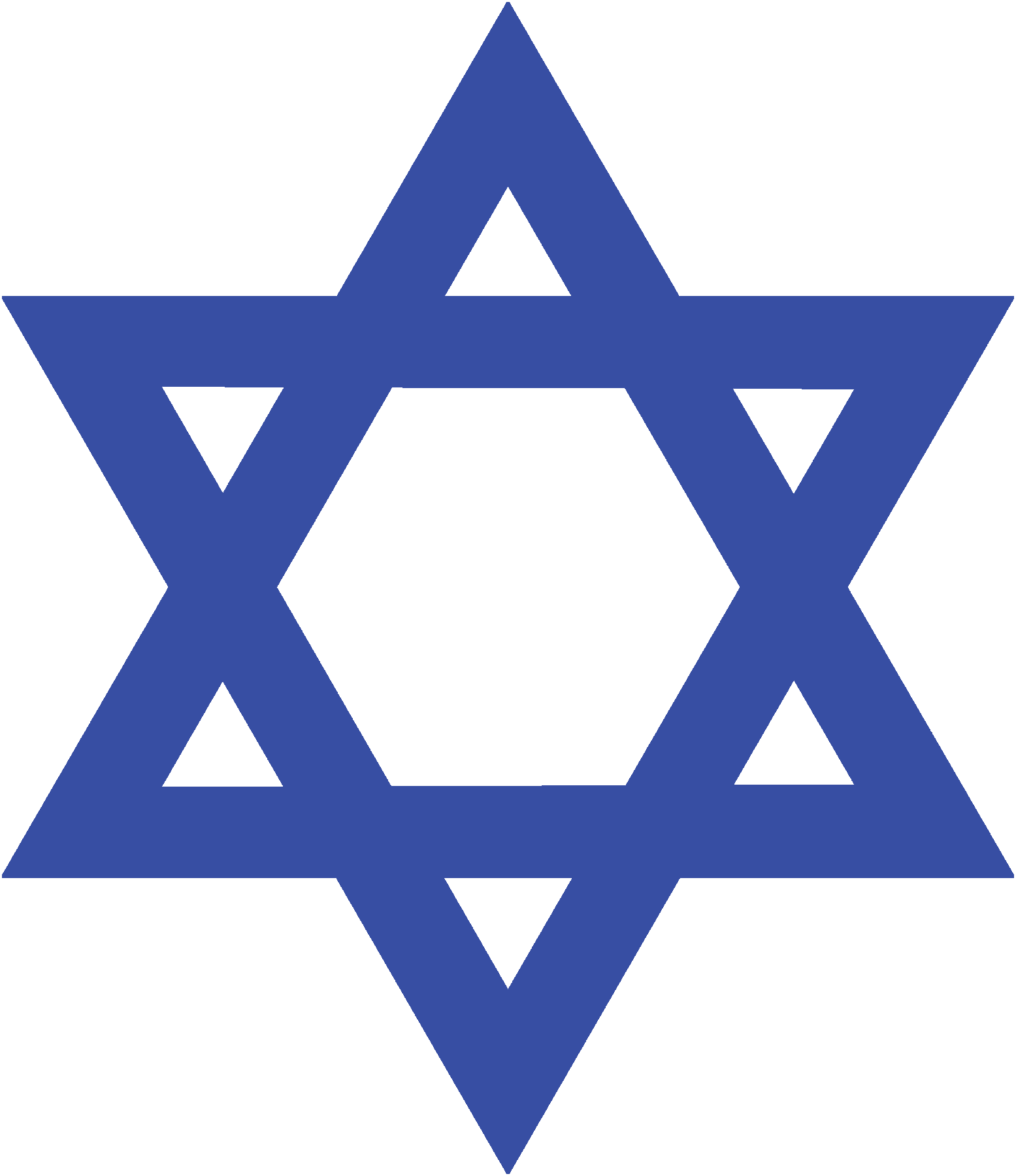 Ilustração. Estrela de Davi composta por seis pontas, com dois triângulos entrelaçados de cor azul.