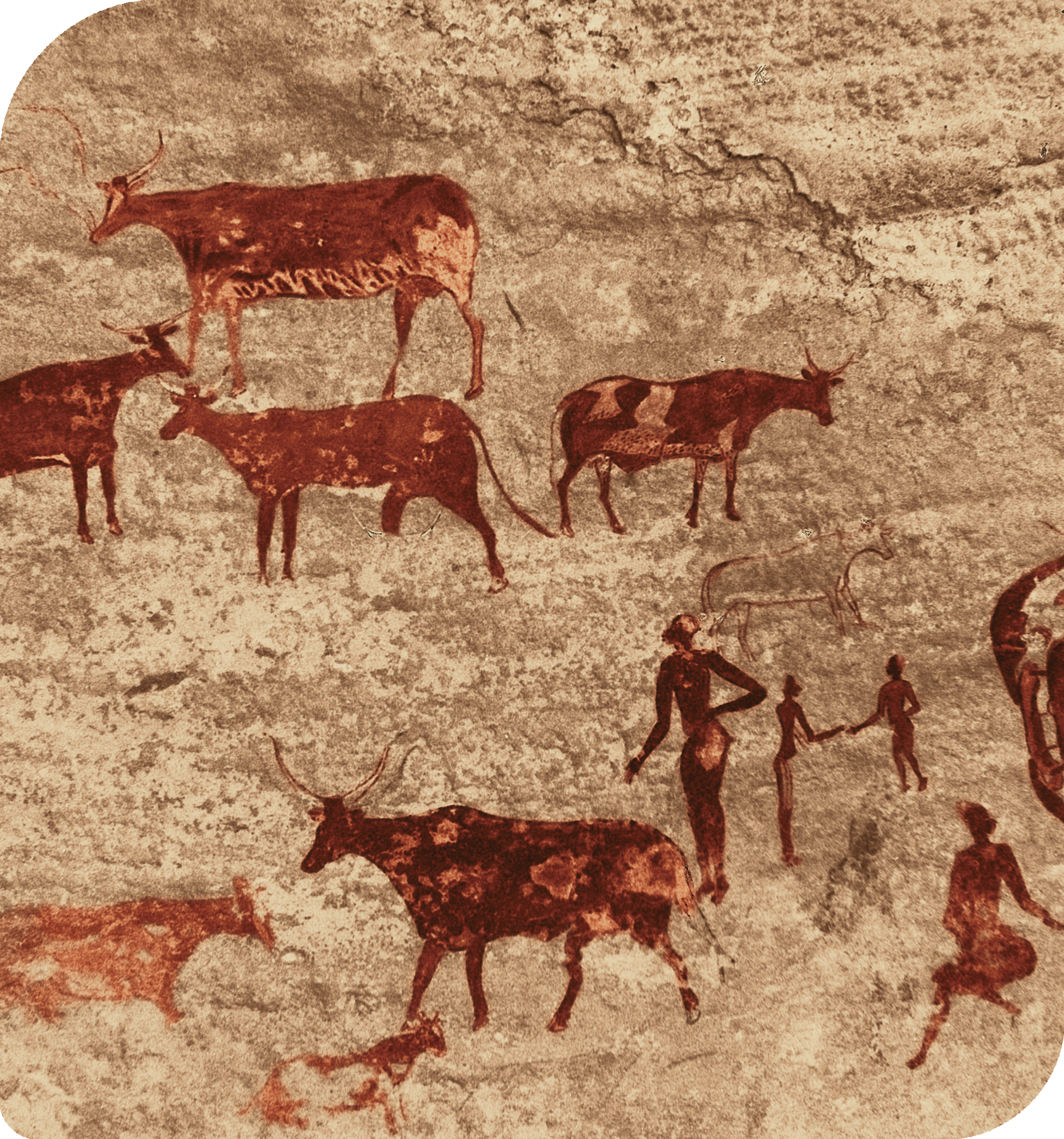 Pintura rupestre.  Silhueta de animais quadrúpedes com chifres. À direita, silhueta de pessoas de pé próximas aos animais.