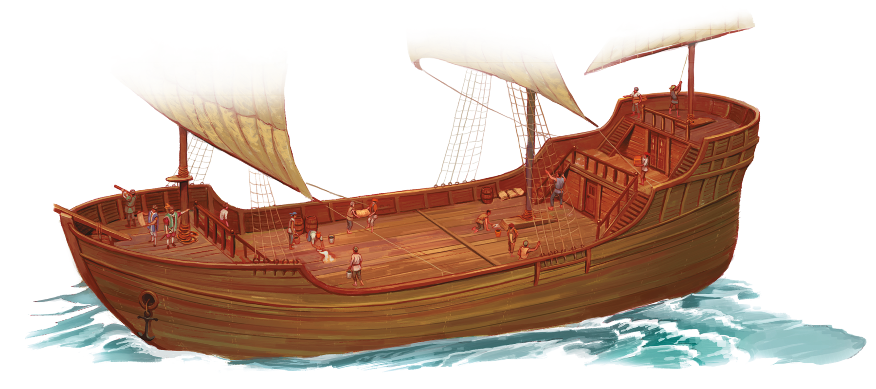 Ilustração. Uma embarcação de madeira a vela, sobre um corpo de água. Na parte da frente do casco, há uma âncora. Dentro da embarcação, pessoas limpando o convés, outra olhando o horizonte com uma luneta e algumas segurando cordas esticadas.