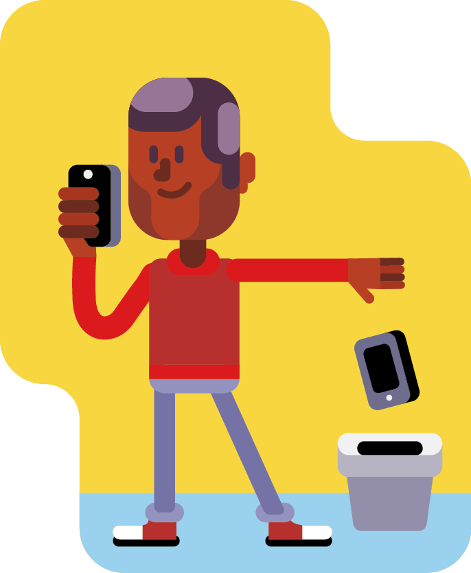 Ilustração. Um homem negro, usando camisa de mangas compridas e calça azul, observa com atenção um celular que está na sua mão direita e, com a mão esquerda, descarta um celular na lixeira.