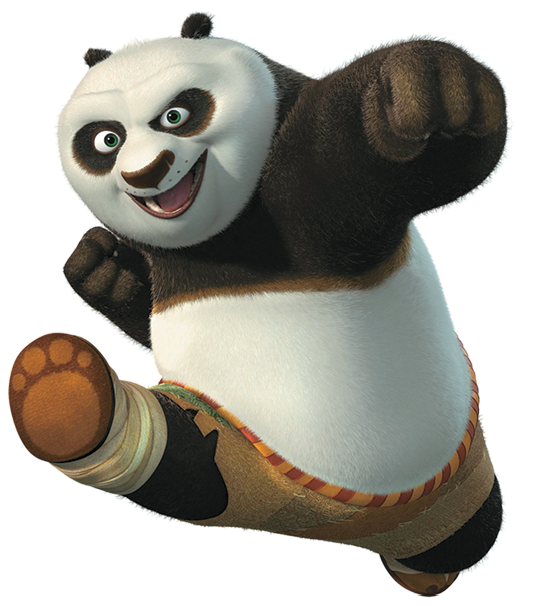 Ilustração. Um panda vestindo um short. Ele está saltando com as pernas afastadas. O punho esquerdo está fechado e direcionado para a frente do corpo.