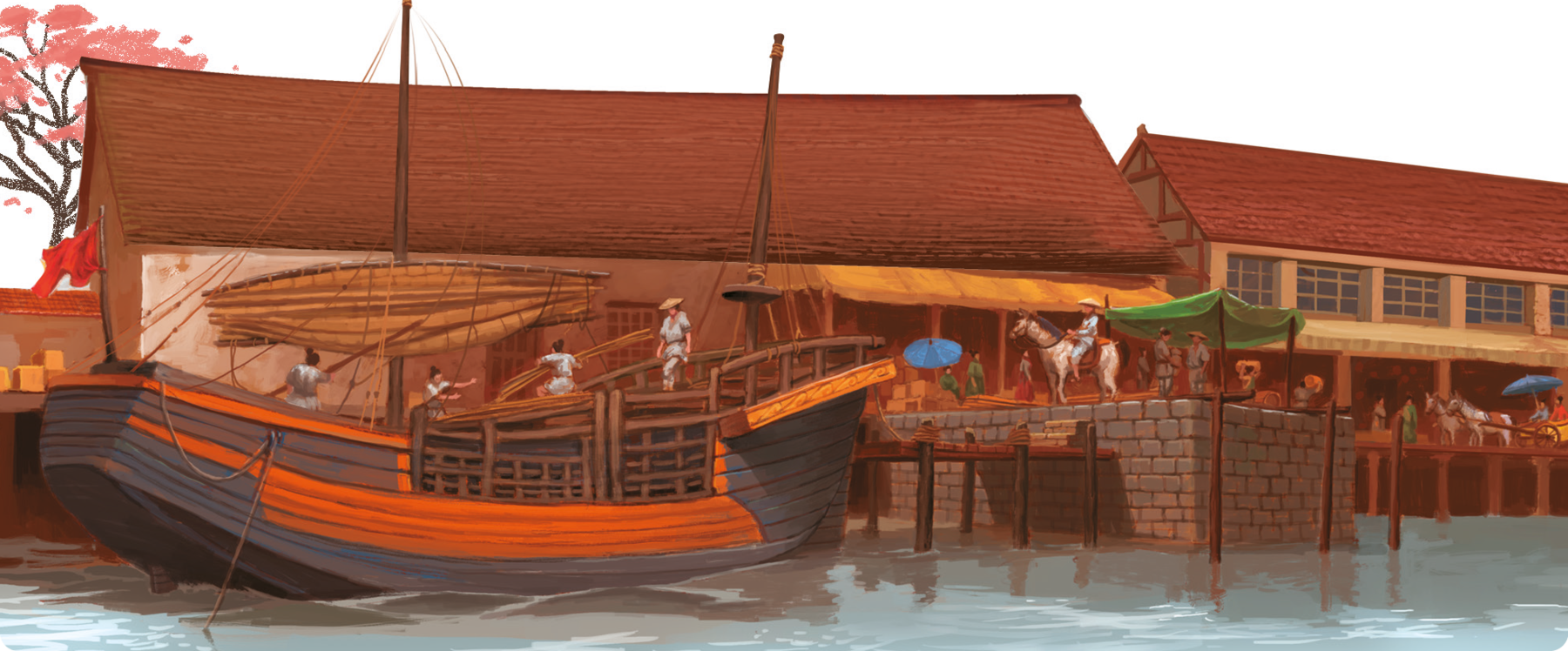 Ilustração. Uma embarcação pequena com uma vela. Ela está sobre um corpo de água, encostada em um porto. No porto, há uma pessoa usando chapéu, sobre um cavalo. Atrás, pessoas carregando objetos. No fundo, construção de moradias.