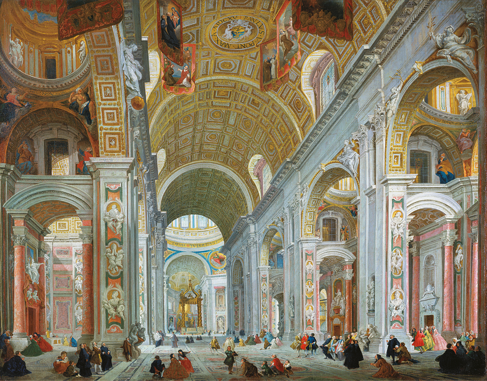 Pintura. Vista interna de Basílica, composta por paredes em arcos, com pinturas e detalhes em relevos nas paredes e o teto com detalhes dourados.  Há diversas pessoas andando dentro da basílica.