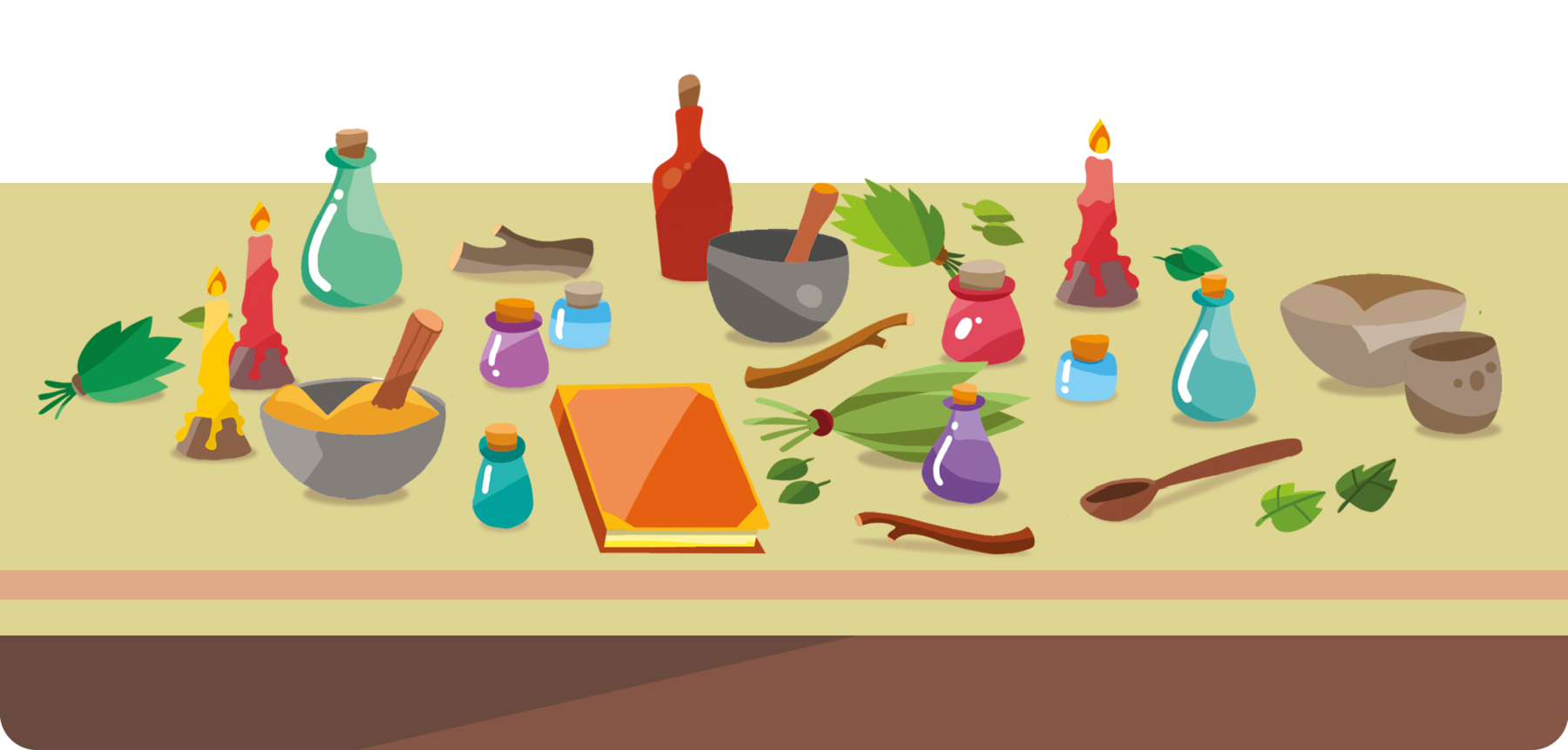 Ilustração. Sobre uma mesa, vários objetos, como velas coloridas, frascos de vidro de tamanhos, formas e cores diferentes, um livro, gravetos, talheres, tigelas e ramos de folhagens.