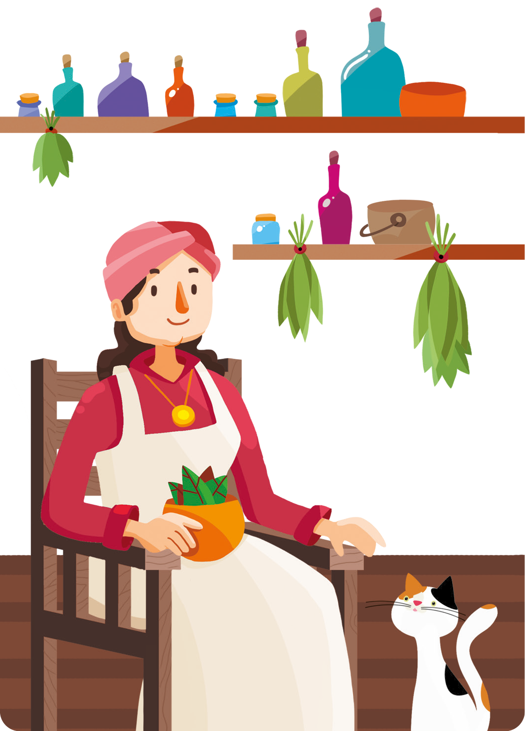 Ilustração. Uma mulher com um lenço na cabeça, usando um vestido, um colar e um avental. Ela está sentada em uma cadeira de madeira, segurando no colo um pote com plantas. Ao lado, um gato. Atrás, prateleiras com potes e plantas penduradas.