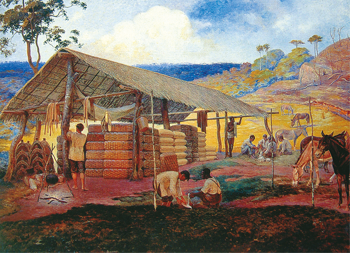 Pintura. Uma cabana com colunas de madeira e teto de palha. Dentro dela, vários sacos empilhados. Ao redor, pessoas conversando e cavalos. Ao fundo, vegetação.
