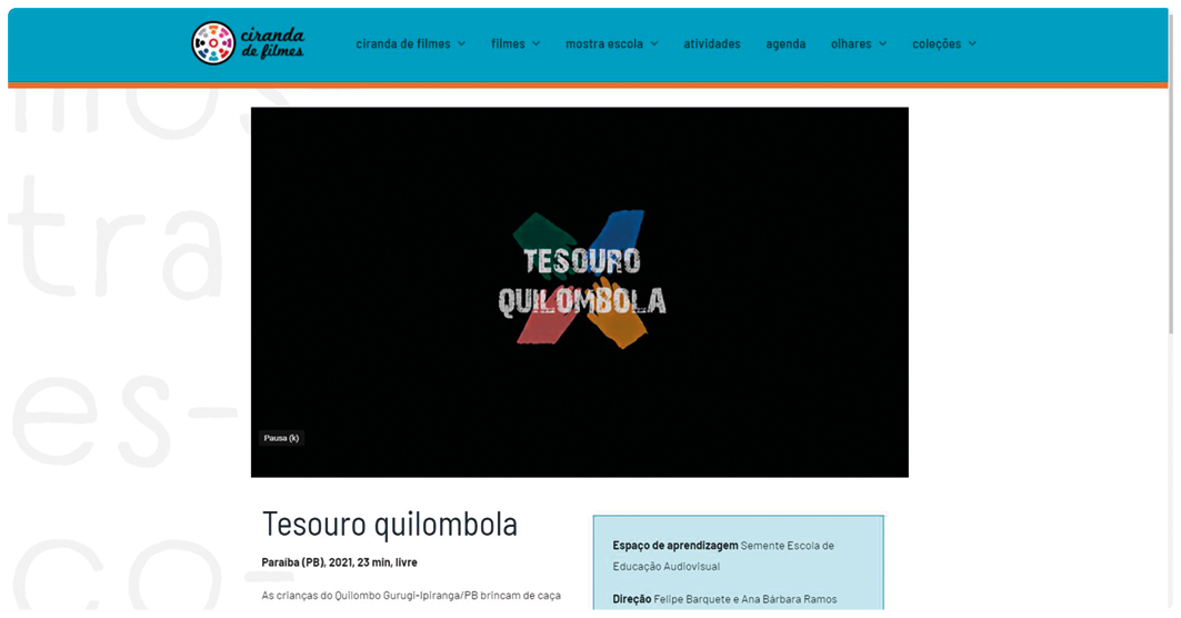 Página de Internet. Na parte superior, barra de menu. Abaixo, cartaz com o texto: TESOURO QUILOMBOLA. No fundo, cor preta.
