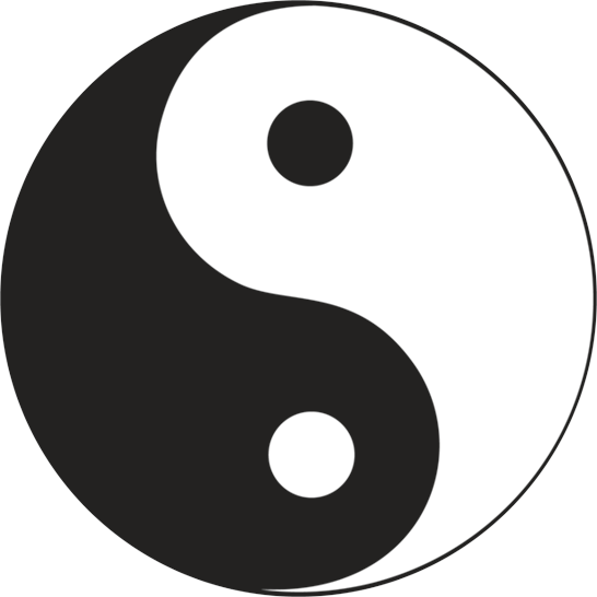 Ilustração. Símbolo yin e yang. Um círculo com uma linha sinuosa no meio. À esquerda, fundo preto com um círculo branco. À direita, fundo branco com um círculo preto.