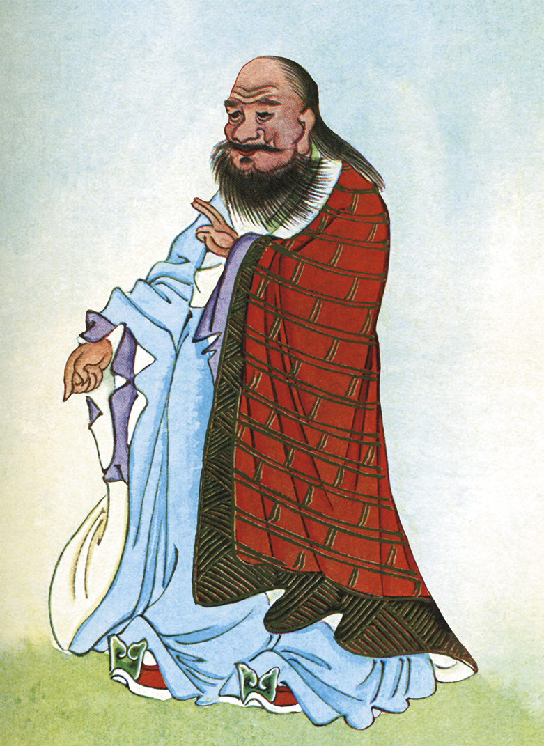 Ilustração. Lao Tsé, homem, com cabelos longos e liso, bigode e barba, usando sapatos e tecidos azul e vermelho ao redor do corpo.