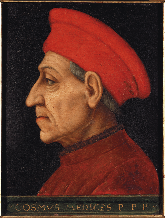 Pintura. Destacando o busto de um homem com cabelos grisalhos e rugas, usando chapéu e uma túnica vermelha. Ele está de perfil.