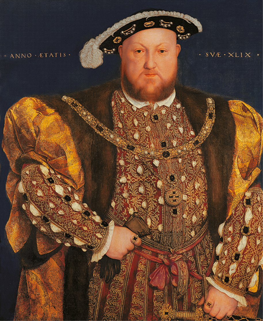 Pintura. Destacando o busto de Henrique Oitavo, homem robusto com barba, usando chapéu com detalhes, roupas com pedras e um manto marrom e dourado.