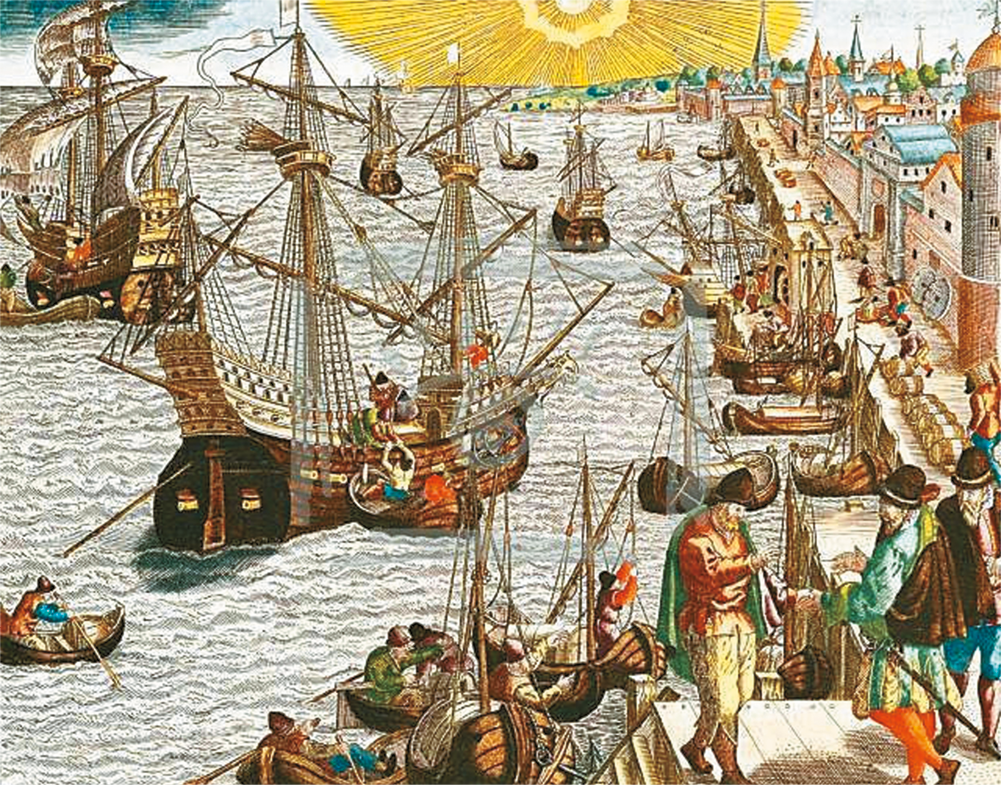 Gravura. À esquerda, embarcações a vela e barcos pequenos, nas margens de um porto. À direita, uma cidade com diversas construções de pedra. Ao fundo, o sol.