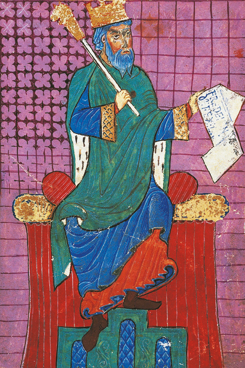Iluminura. Afonso Henriques, homem, com cabelos e barba lisas, usando coroa dourada, tecidos ao redor do corpo e manto com as cores verde e azul. Ele está sentado em um trono, segurando com a mão direita um cetro e, com a mão esquerda, um pergaminho.