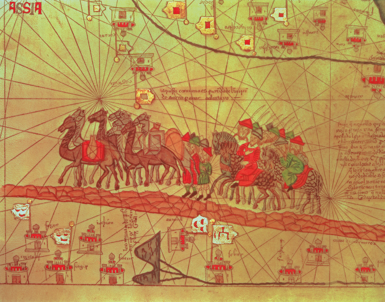 Mapa. Destaque de atlas. Centralizado, homens, usando chapéus e túnicas coloridas, estão montados em camelos. Acima e abaixo, há diversas marcações com bandeiras e castelos. Ao fundo, diversas linhas tracejadas.