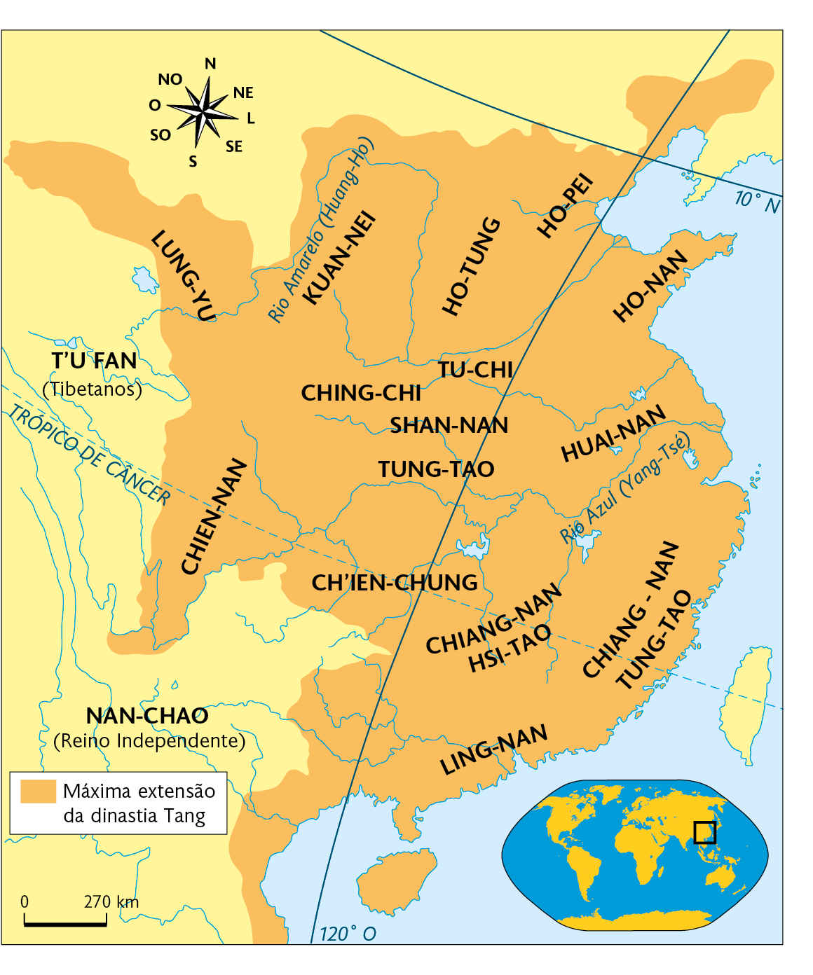 Mapa. O Império Chinês durante a reunificação (séculos 6-8). Mapa territorial destacando: Máxima extensão da dinastia Tang, composto pelas regiões de: LUNG-YU, CHIEN-NAN, CH'IEN-CHUNG, CHIANG-NAN HSI-TAO, LING-NAN, CHIANG-NAN TUNG-TAO, HUAI-NAN, TUNG-TAO, SHAN-NAN, CHING-CHI, TU-CHI, HO-TUNG, KUAN-NEI, HO-PEI e HO-NAN. O Império Chinês é cortado pelo Rio Azul (Yang-Tsé) ao leste,  e o Rio Amarelo (Huang-Ho) ao norte. Na parte inferior à direita, planisfério destacando parte da Ásia. Acima, representação da rosa dos ventos e, abaixo, escala de 270 quilômetros por centímetros.