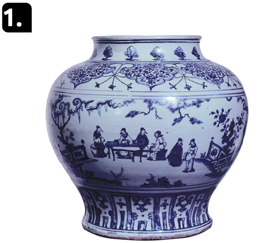 Fotografia 1. Vaso de porcelana branco com pintura  de pessoas, alguns objetos e linhas tracejadas em azul.