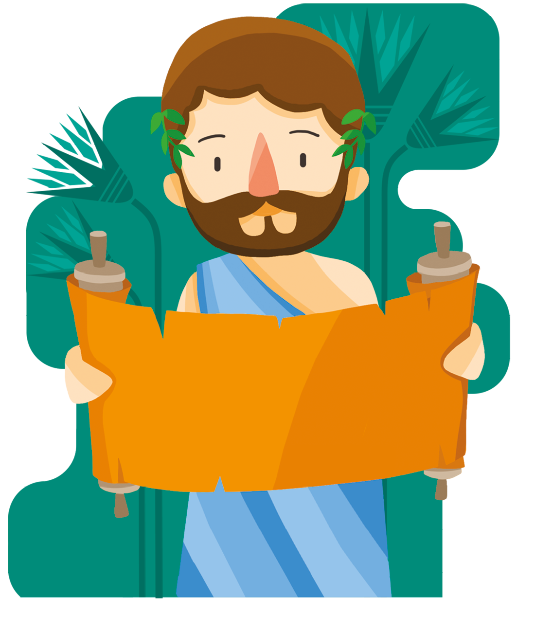 Ilustração. Um homem, com cabelos e barba castanho e usando um tecido ao redor do corpo, está de pé, segurando com as mãos, um pergaminho.