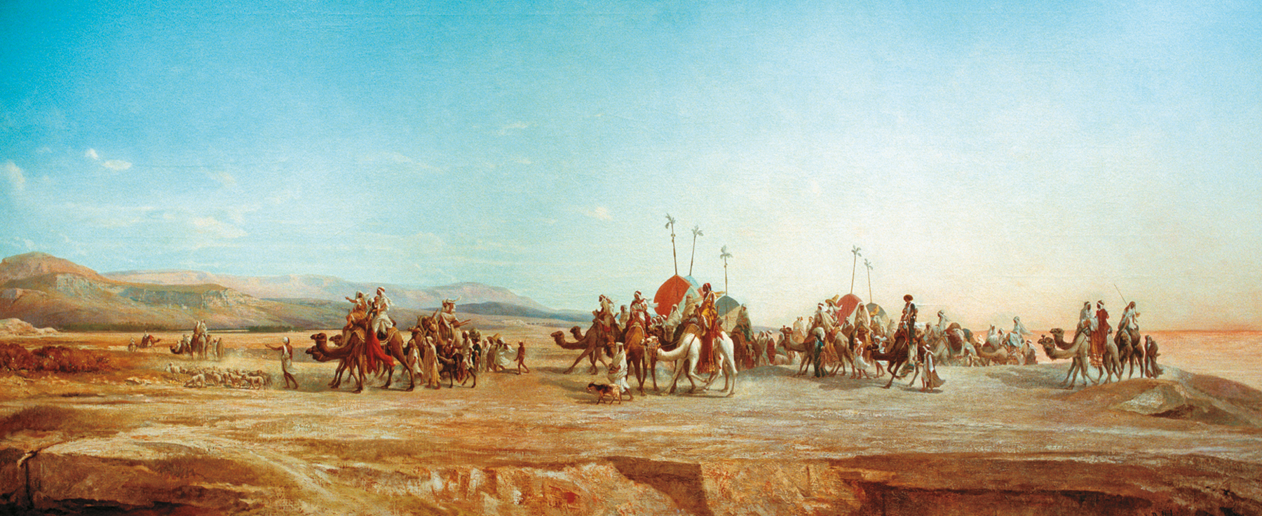 Pintura. Um grupo de pessoas, algumas em pé e outras montadas em camelos, transportam alguns objetos. Ao fundo, paisagem desértica com algumas palmeiras e dunas de areia.