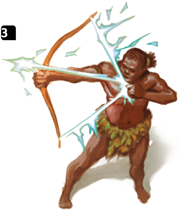 Ilustração 3. Um homem negro, usando uma saia de folhas verdes, está de pé segurando com as mãos um arco e flecha.