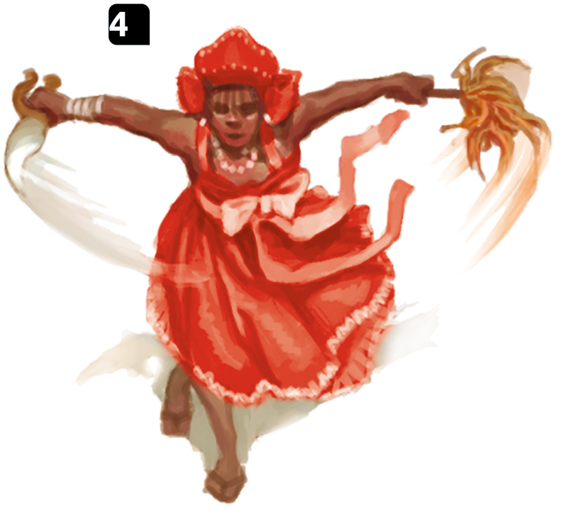 Ilustração 4. Uma mulher negra, usando um vestido vermelho, adorno vermelho no cabelo, está de pé segurando com as mãos dois objetos.