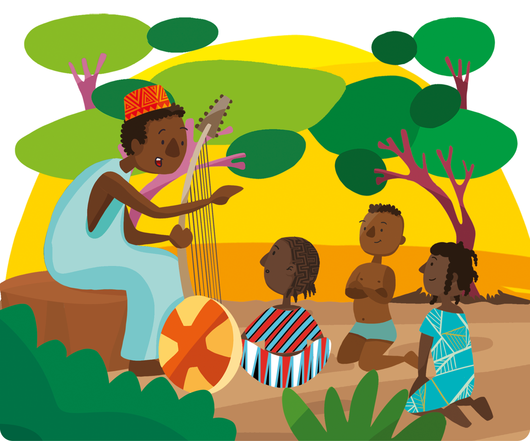 Ilustração. Um homem negro, usando um chapéu redondo na cabeça e uma túnica azul, está sentado em uma pedra, segurando com as mãos um instrumento de corda. Ao lado, três crianças negras ajoelhadas no chão olhando para o homem. Atrás, árvores e o sol.