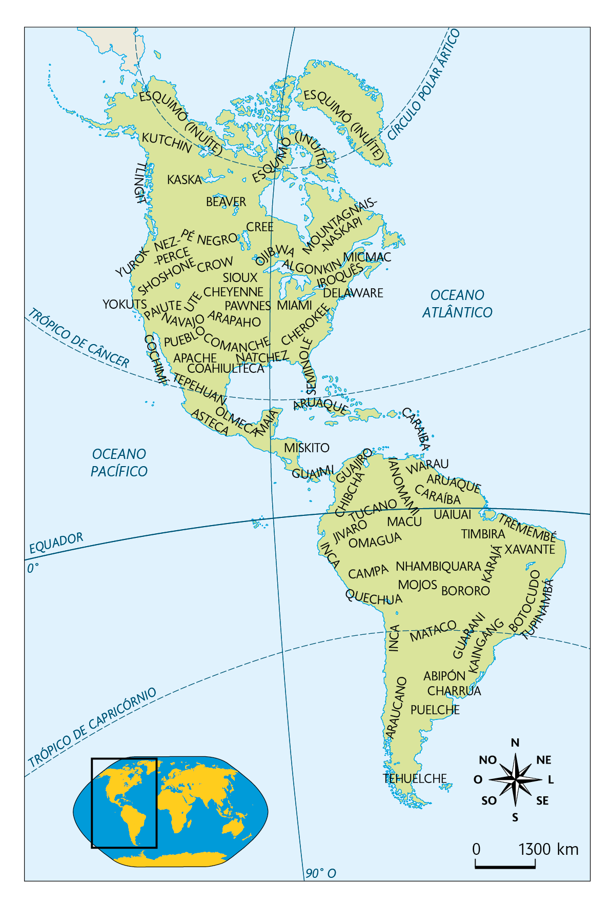 Mapa. Povos da América (séculos 10-15). Mapa territorial da América delimitando os povos e a região onde habitavam: Povos da América do Norte: ESQUIMÓ (INUÍTE), KUTCHIN, TLINGIT, KASKA, BEAVER, YUROK, NEZ-PERCE, PÉ NEGRO, CREE, MOUNTAGNAIS-NASKAPI, SHOSHONE, YOKUTS, CROW, SIOUX, OJIBWA, ALGONKIN, MICMAC, IROQUÊS, DELAWARE, MIAMI, CHEROKEE, CHEYENNE, PAWNES, ARAPAHO, UTE, PAIUTE, NAVAJO, COCHIMÍ, PUEBLO, APACHE, COAHIULTECA, COMANCHE, NATCHEZ, SEMINOLE, TEPEHUAN, OLMECA, ASTECA, MAIA. Povos da América Central:  GUAIMI, MISKITO, ARUAQUE, CARAIBA. Povos da América do Sul: GUAJIRO, CHIBCHA, TUCANO, JIVARO, INCA, IANOMAMI, WARAU, ARUAQUE, CARAÍBA, UAIUAI, TREMEMBÉ, TIMBIRA, MACU, OMAGUA, XAVANTE, KARAJÁ, NHAMBIQUARA, CAMPA, QUECHUA, MOJOS, BORORO, BOTOCUDO, TUPINAMBÁ, MATACO, GUARANI, KAINGANG, ABIPÓN, CHARRUA, ARAUCANO, PUELCHE, TEHUELCHE. Na parte inferior, à esquerda, planisfério destacando a América. Ao lado, rosa dos ventos e escala de 1300 quilômetros por centímetro.