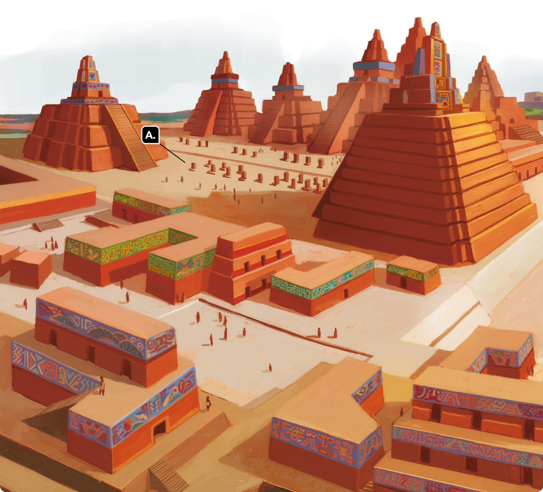 Ilustração. Vista de uma cidade antiga. À esquerda, uma pirâmide com uma escada central. Em frente à essa pirâmide, um pátio grande. Sobreposto à letra 'A'. Ao lado, construções pequenas. À direita, outra pirâmide em frente ao pátio. Ao fundo, várias pirâmides. As pirâmides e as construções são marrons com detalhes coloridos em verde, azul, vermelho e amarelo.