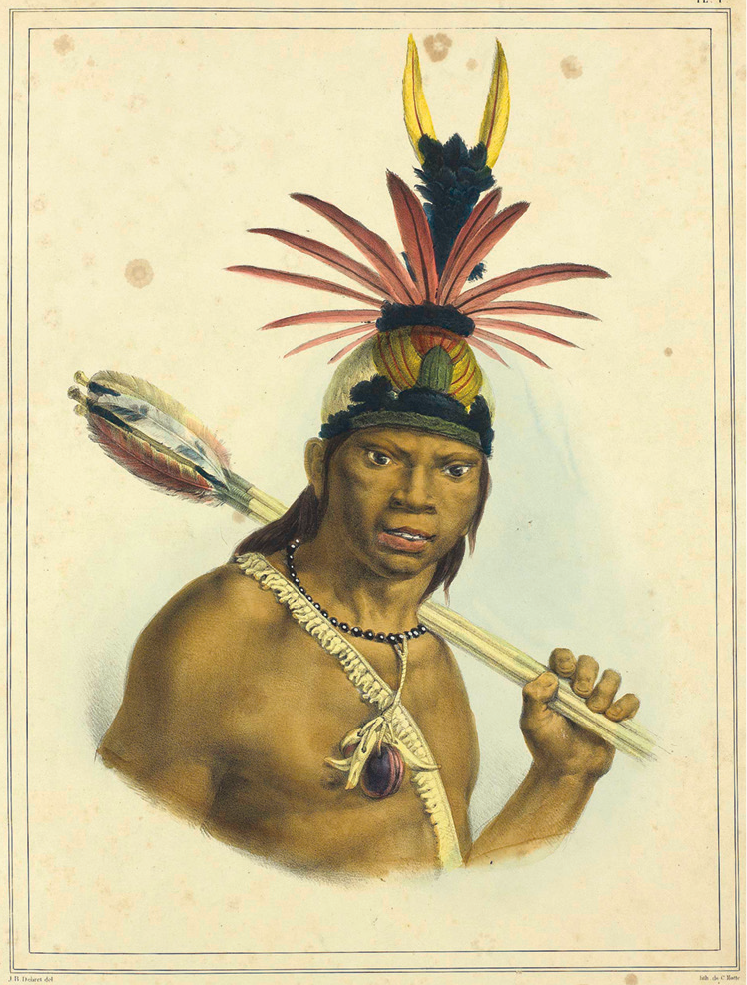 Litografia. Um homem indígena, usando um adorno na cabeça com penas vermelhas e um adereço no pescoço, segurando com a mão algumas flechas com penas coloridas. .