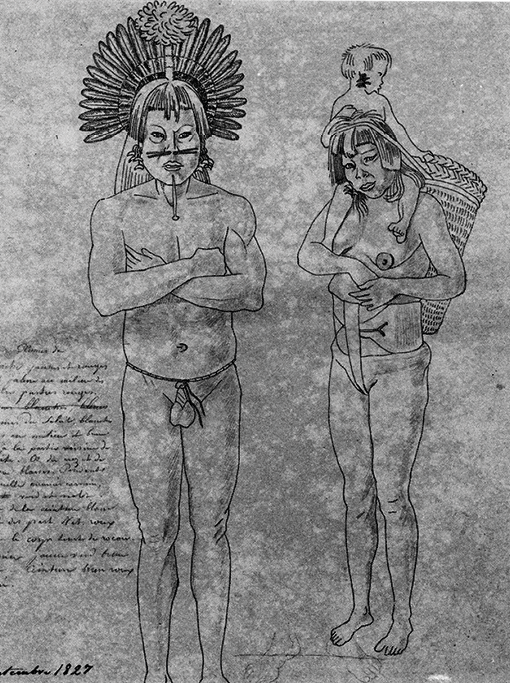 Pintura em preto e branco. Um homem indígena, com adono com penas na cabeça e no nariz, está com braços cruzados. Ao lado, uma mulher indígena, de pé, com um cesto grande nas costas e uma criança sentada nos ombros.