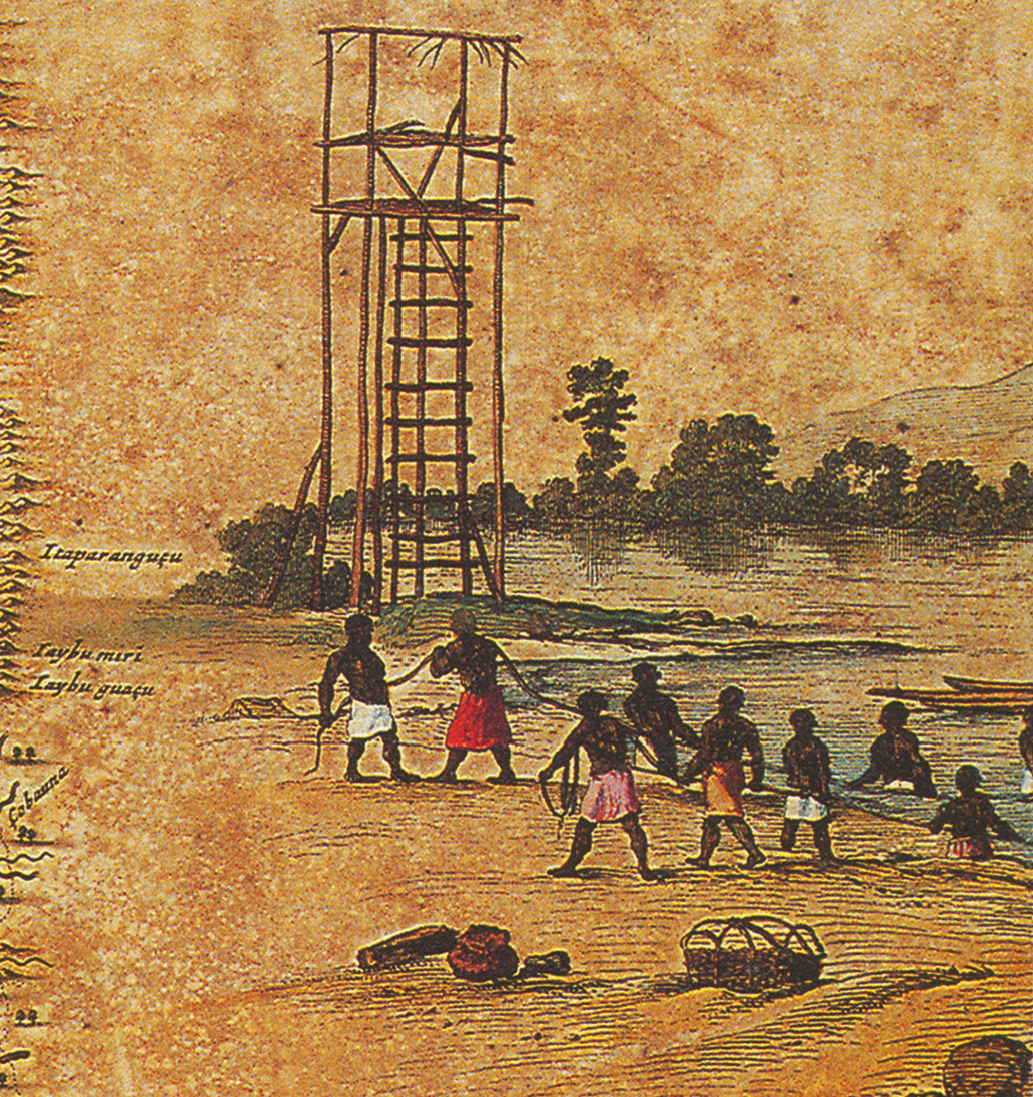 Gravura. Ao centro, uma estrutura alta de madeira com uma escada. Abaixo, na margem de um corpo de água, há pessoas negras, usando tecido colorido ao redor da cintura, puxando uma corda para fora do corpo de água.