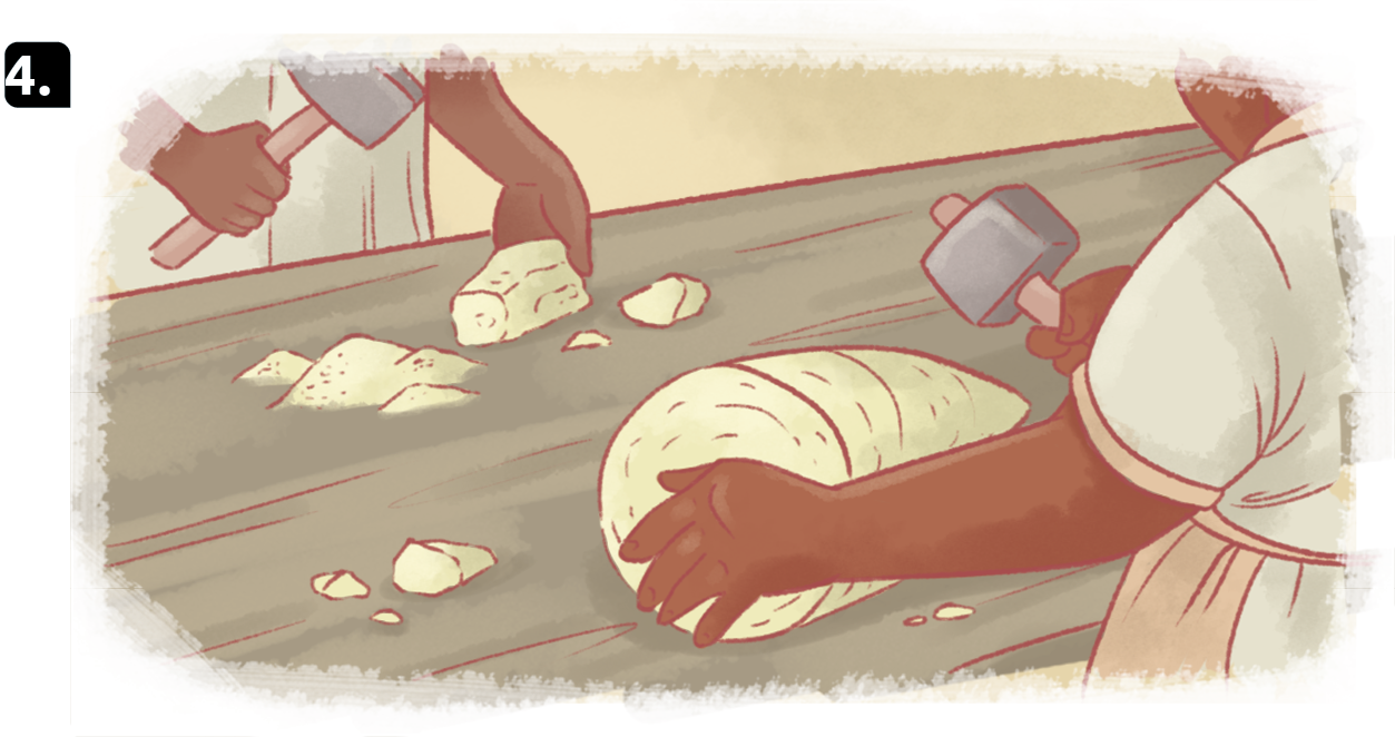 Ilustração 4. Destacando as mãos de duas pessoas negras segurando  martelos em direção à pedras de açúcar sobre a mesa.