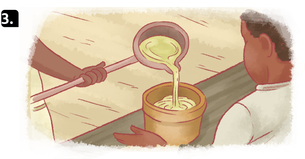 Ilustração. 3. Destacando as mãos de uma pessoa negra segurando uma concha grande, despejando o caldo da cana-de-açúcar na direção de um pote. Ao lado, uma pessoa negra observando.