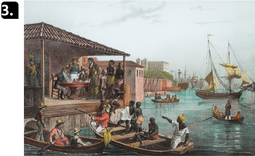 Litogravura 3. Vista de um porto. Pessoas negras em uma embarcação pequena a remo. À esquerda, uma construção aberta, com homens, vestindo roupas coloridas, sentados em uma mesa com cadeiras. Ao fundo, embarcações a vela na água.