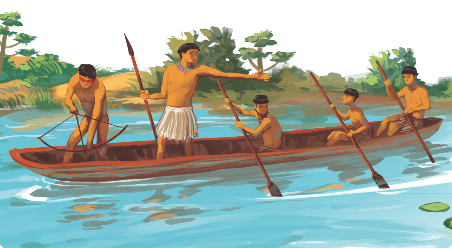 Ilustração. Homens indígenas dentro de uma embarcação a remo. À esquerda, um indígena segurando um arco e flecha, apontando para um corpo de água. Ao lado, um indígena, segurando uma lança, apontando o braço para a direita. À direita, três homens indígenas com remos na mão. Ao fundo, vegetação.