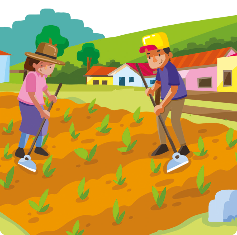 Ilustração. Uma mulher usando chapéu, camisa, saia e calça. Ao lado, um homem usando boné, camisa e calça. Eles estão segurando enxadas sobre uma plantação. No fundo, moradias e vegetação.