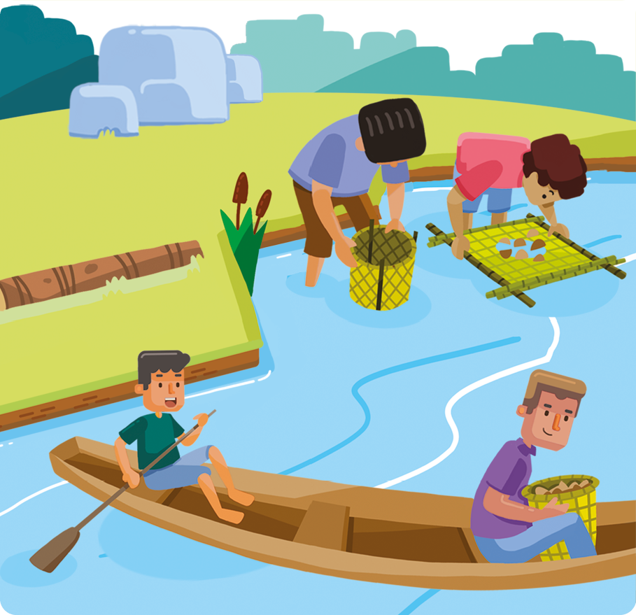 Ilustração. Um homem e uma criança estão dentro de uma embarcação a remo. Atrás, duas pessoas inclinadas segurando peneiras nas margens de um corpo de água.