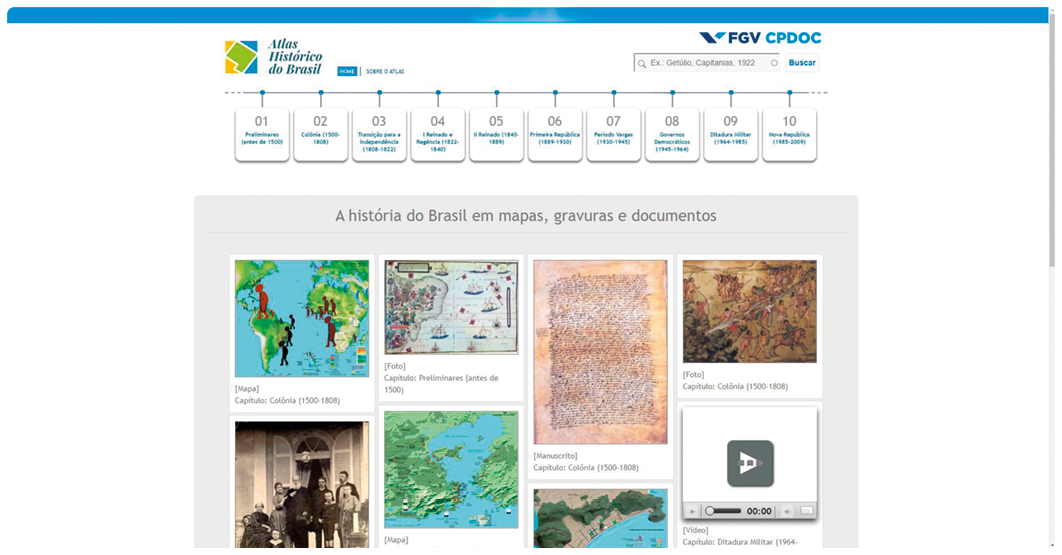 Página de Internet. No canto superior à esquerda, o nome do site: Atlas histórico do Brasil. Abaixo, linha do tempo. Na parte inferior, fotografias e imagens seguido de texto.