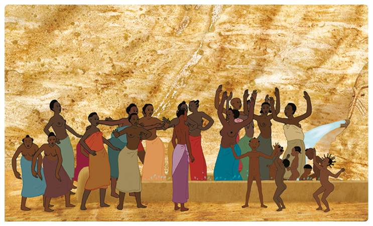 Cena de Filme. Diversas pessoas negras com roupas coloridas. Alguns estão com as mãos para cima. À direita, uma mina de água saindo da rocha.