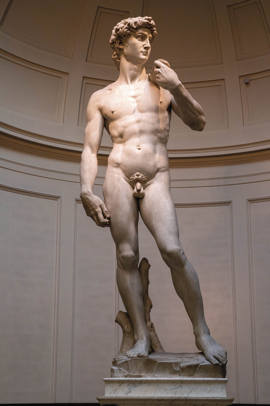 Escultura. Davi, um homem com cabelos cacheados e sem vestes, está de pé, com uma das pernas levemente inclinada, e com a mão sobre o ombro. Destaque para os detalhes da estrutura muscular da estátua.