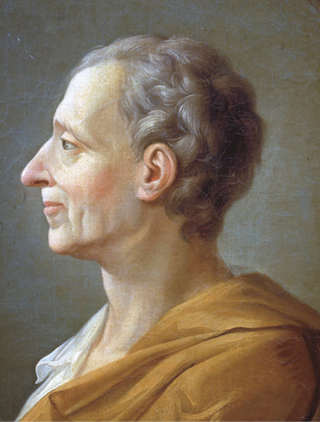 Pintura. Destacando o busto de Montesquieu, homem com cabelos brancos usando um tecido bege ao redor do ombro.