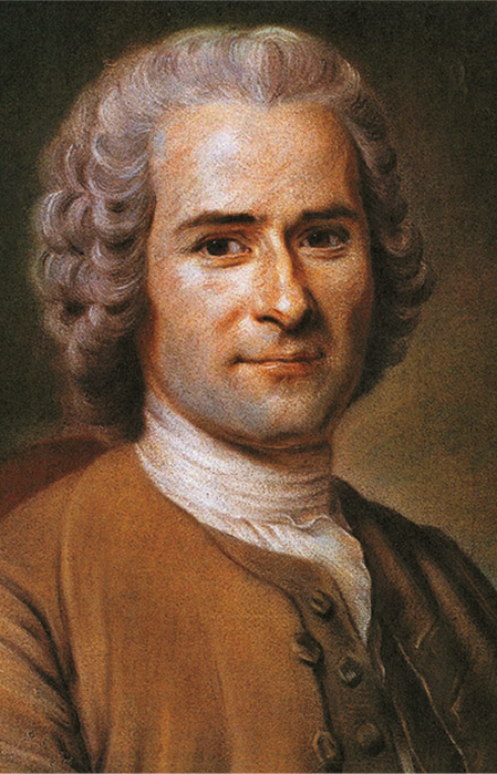 Pintura. Destacando o busto de Jean-Jacques Rousseau, homem com cabelos ondulados e brancos na altura do pescoço. Ele está usando uma blusa clara com gola e um casaco marrom.
