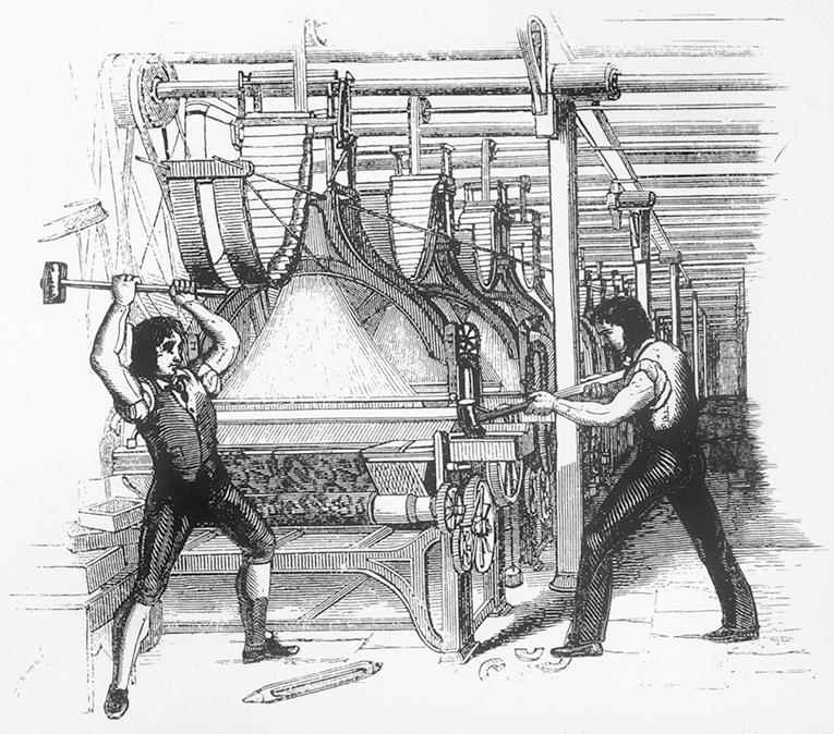 Gravura em preto e branco. À esquerda, um homem usando camisa e calça, está direcionando uma marreta para uma máquina Ao lado, um homem, usando camisa e calça, está segurando com as mãos um objeto na direção de uma máquina.