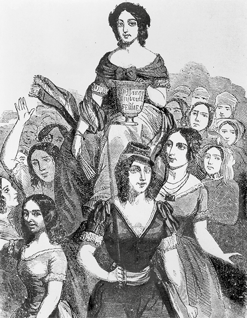 Gravura em preto e branco. Um grupo de mulheres, usando vestido, carrega uma mulher que segura com as mãos um troféu com o seguinte texto: SUFRAGE UNIVERSAL DES FEMMES.