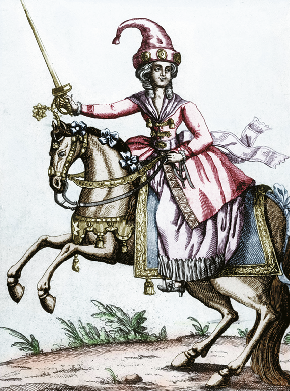 Gravura. Uma mulher, usando chapéu e vestido cor-de-rosa, está montada em um cavalo empinado, com a mão direita erguida segurando uma espada.