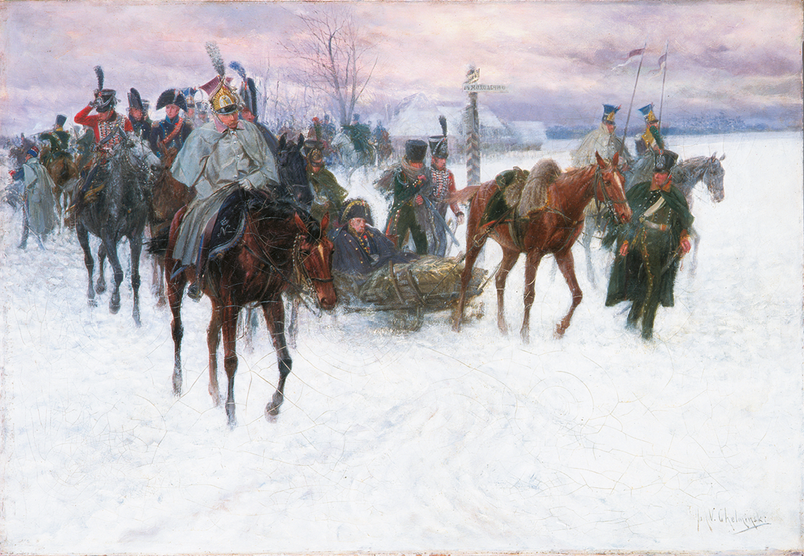 Pintura. Diversos homens, usando farda e casacos, montados em cavalos sobre chão com neve. Centralizado, um homem, com chapéu em forma de arco e vestimenta azul, está sentado sobre um trenó puxado por um cavalo.