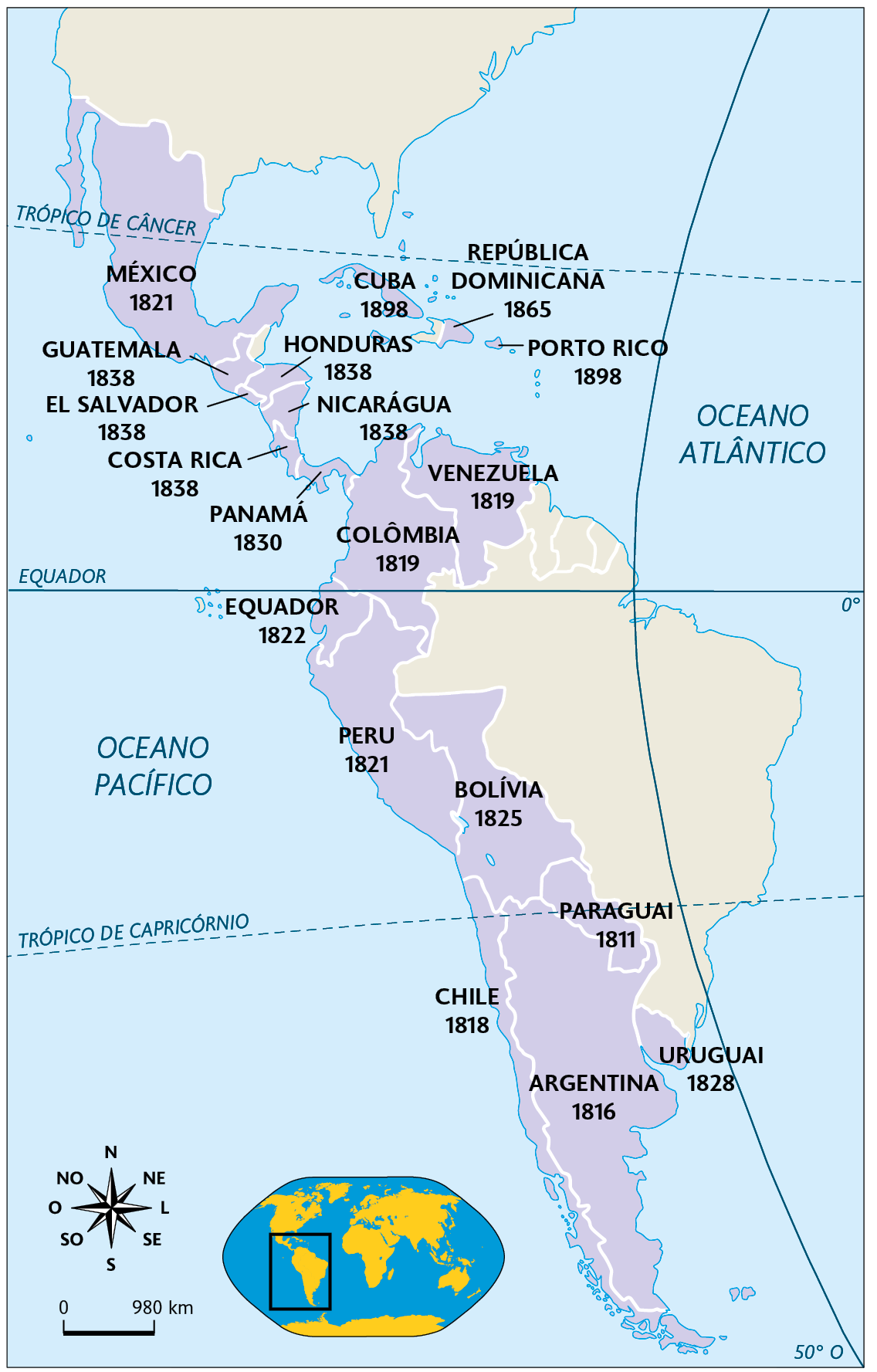 Mapa. Independências na América espanhola (1811-1898). Mapa territorial da América do Norte, América Central e América do Sul destacando os territórios e a data de independência. 

MÉXICO 1821.
GUATEMALA 1838.
EL SALVADOR 1838.
HONDURAS 1838.
CUBA 1898.
REPÚBLICA DOMINICANA 1865.
PORTO RICO 1898.
COSTA RICA 1838.
PANAMÁ 1830.
NICARÁGUA 1838.
VENEZUELA 1819.
COLOMBIA 1819.
EQUADOR 1822.
PERU 1821.
BOLÍVIA 1825.
CHILE 1818.
PARAGAI 1811.
ARGENTINA 1816.
URUGUAI 1828.

Na parte inferior, à esquerda, planisfério destacando parte da América. Ao lado, representação da rosa dos ventos e escala de 980 quilômetros por centímetro.