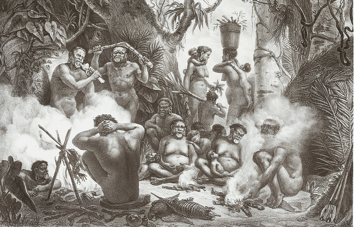Litografia em preto e branco. Diversos indígenas, homens, mulheres e crianças, estão sem vestes e com adornos no lábio inferior. Alguns sentados e outros de pé ao redor de fogueiras. Ao redor, vegetação.